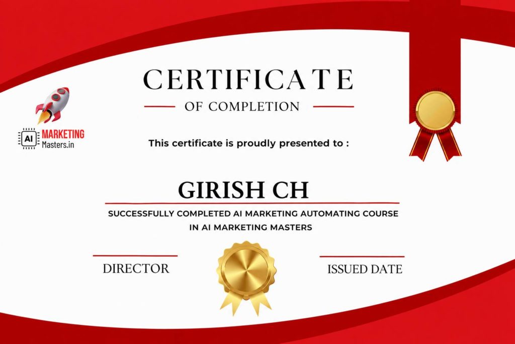 AI Marketing Automation Course Completion Certificate awarded by AI Marketing Masters, recognizing successful completion of the AI Marketing Automation training program.