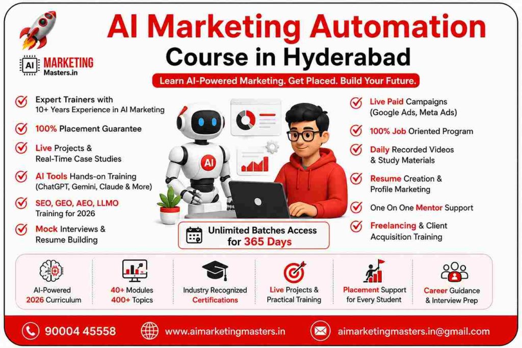 AI Marketing Automation Course in Hyderabad with 100% Placement Program, live projects, AI tools training, and industry expert mentorship.